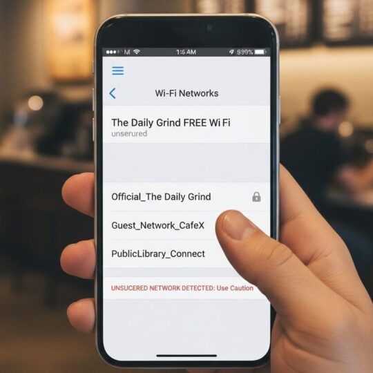 A close-up of a hand holding a smartphone displaying a Wi-Fi network list in a coffee shop. The list shows several networks, including a highlighted unsecured network named "The Daily Grind FREE Wi-Fi" and below it, a secured network named "Official_The Daily Grind," illustrating an 'Evil Twin' hotspot scenario.